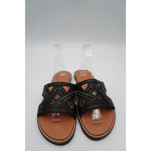 Aquatalia Andi Black Cutout Contrast Stitching Leather Slide Sandals Size 8.5 - Picture 2 of 14